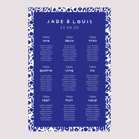 Plan de table Mariage Portrait 60 x 90 cm Bleu Majorelle