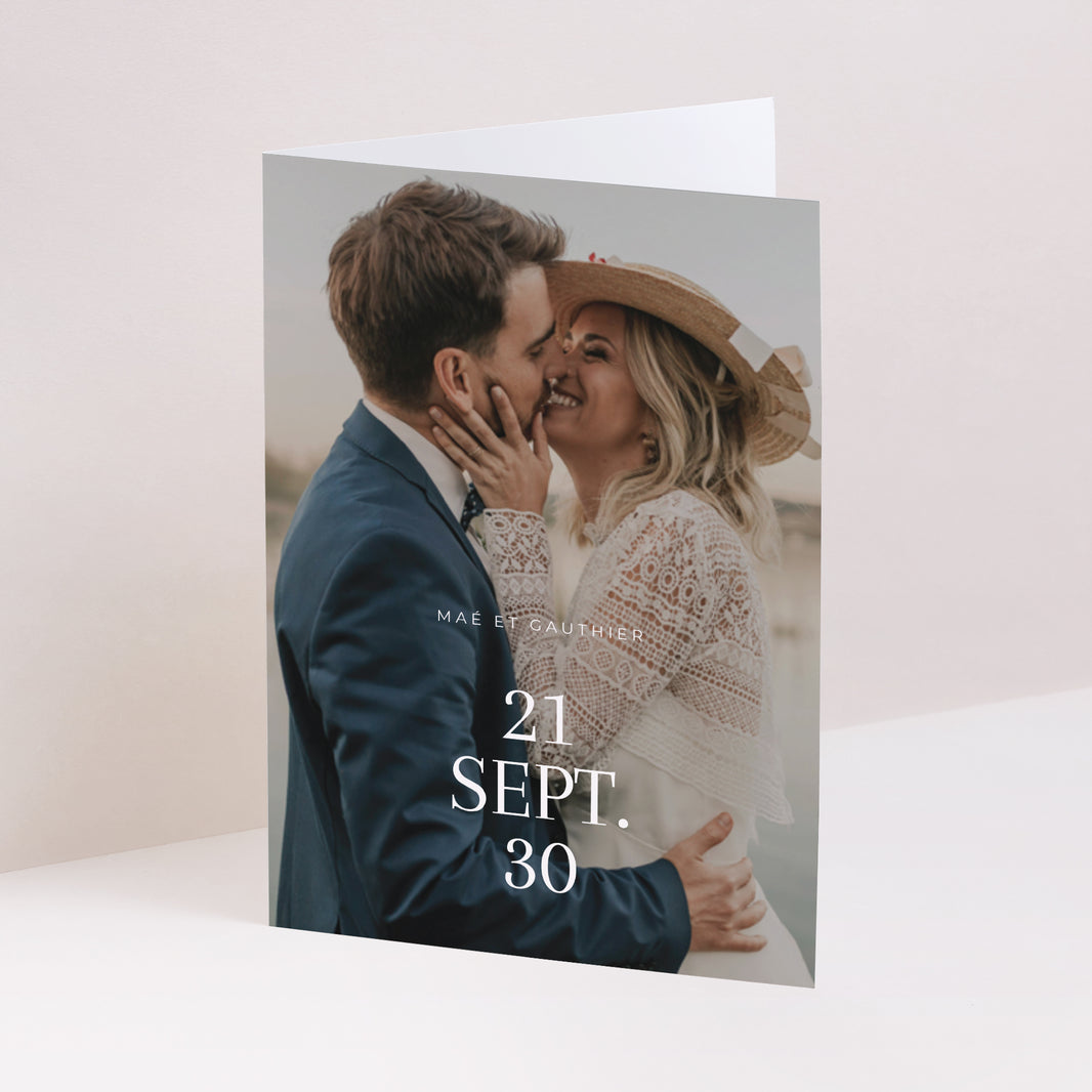 Remerciements Mariage Portrait double volet Typo date photo N° 1