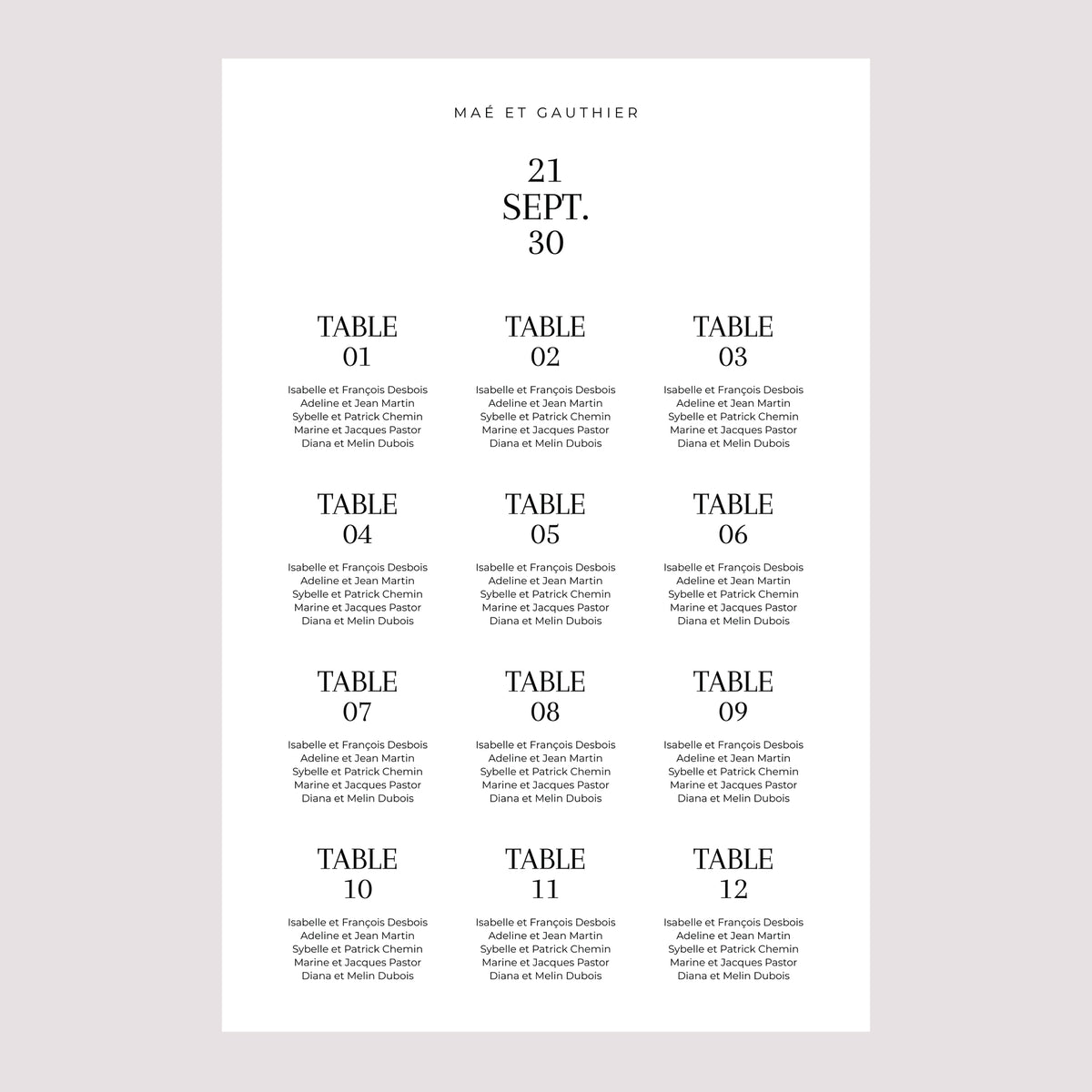 Plan de table Mariage Portrait 60 x 90 cm Typo Date photo N° 2