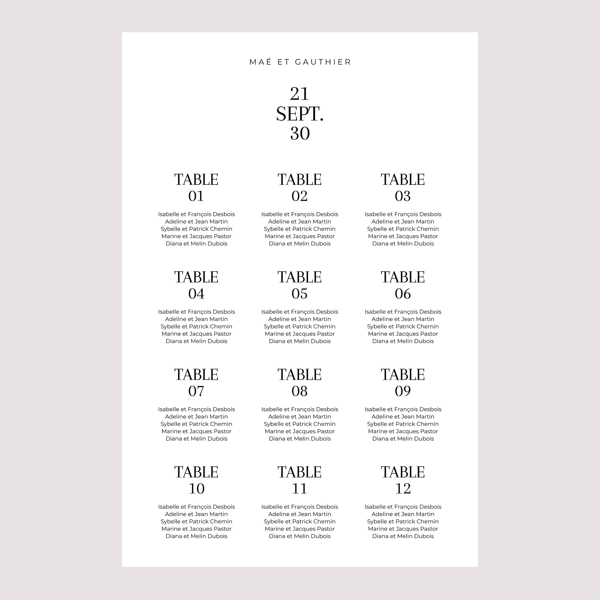 Plan de table Mariage Portrait 60 x 90 cm Typo Date photo N° 2