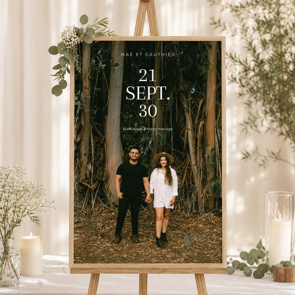 Panneau bienvenue Mariage Portrait 60 x 90 cm Typo Date photo