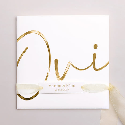 Faire-part Mariage Pochette carrée, 3 cartes, étiquette Un grand oui photo