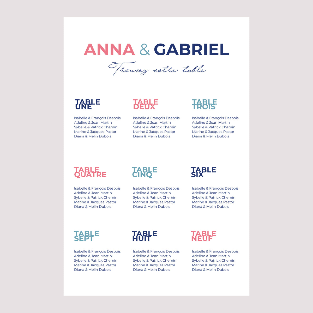 Plan de table Mariage Portrait Pink & Blue photo N° 2