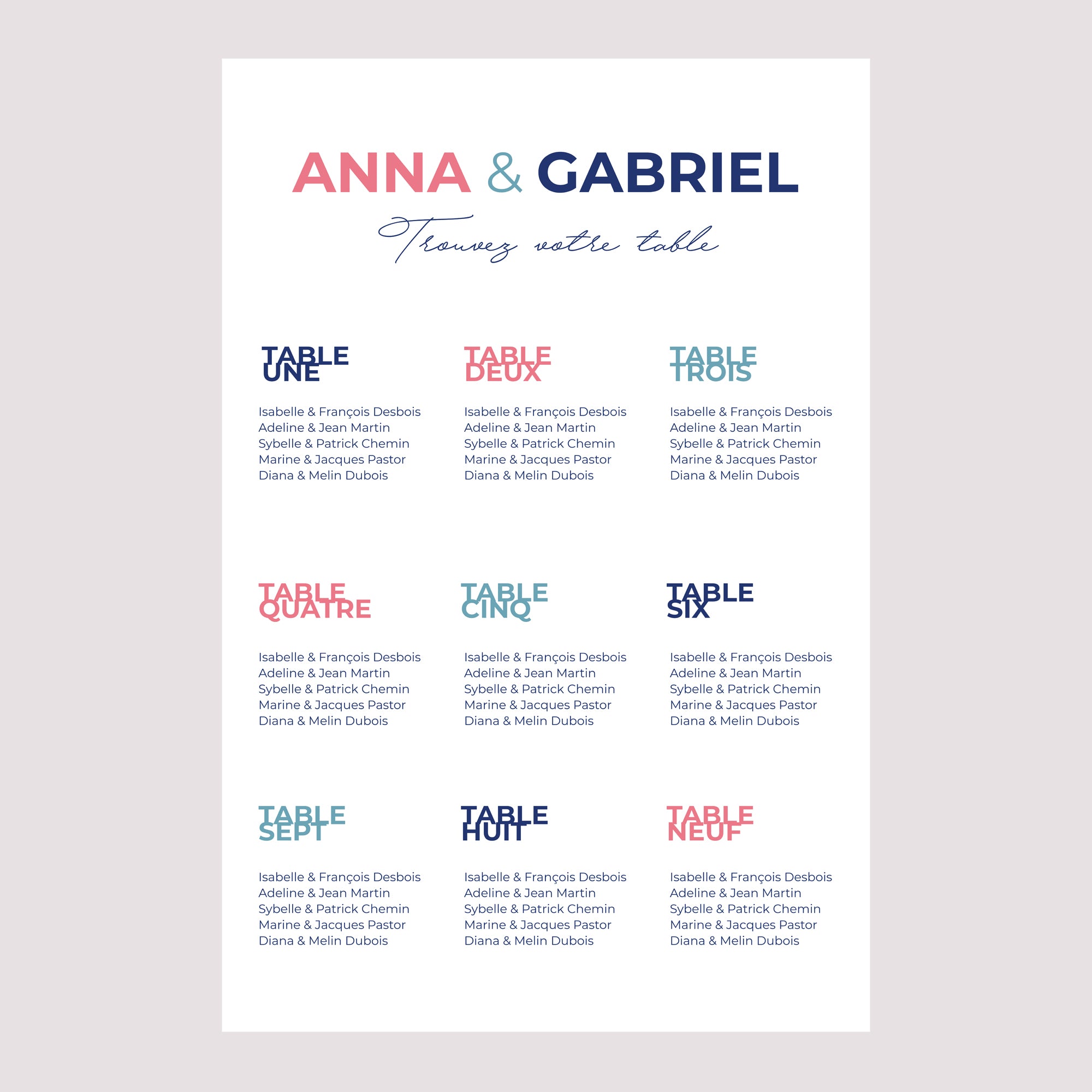 Plan de table Mariage Portrait Pink & Blue photo N° 2