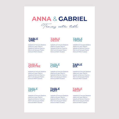 Plan de table Mariage Portrait Pink & Blue