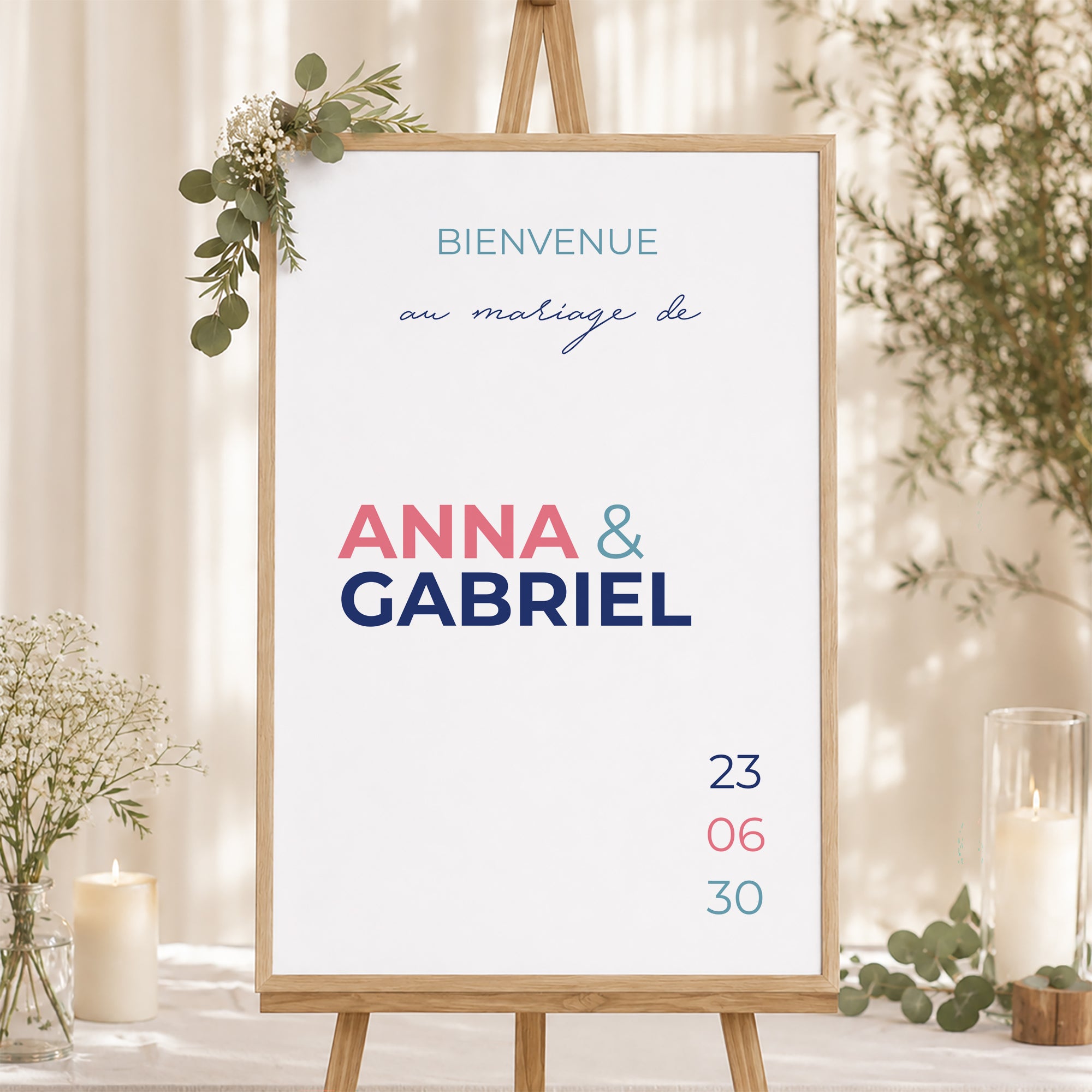 Panneau bienvenue Mariage Portrait 60 x 90 cm Pink & Blue photo N° 1