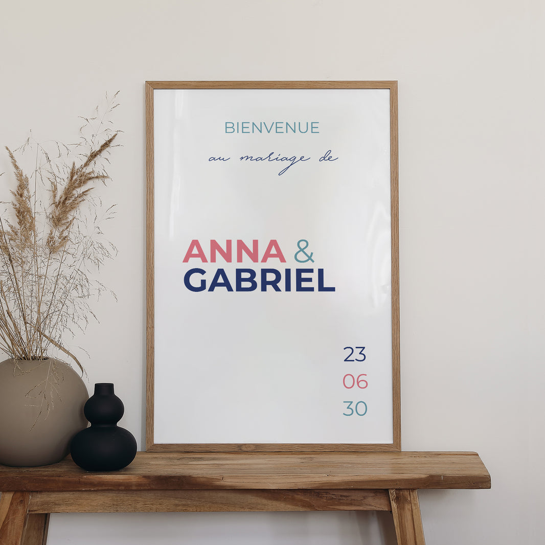 Panneau bienvenue Mariage Portrait 60 x 90 cm Pink & Blue photo N° 2