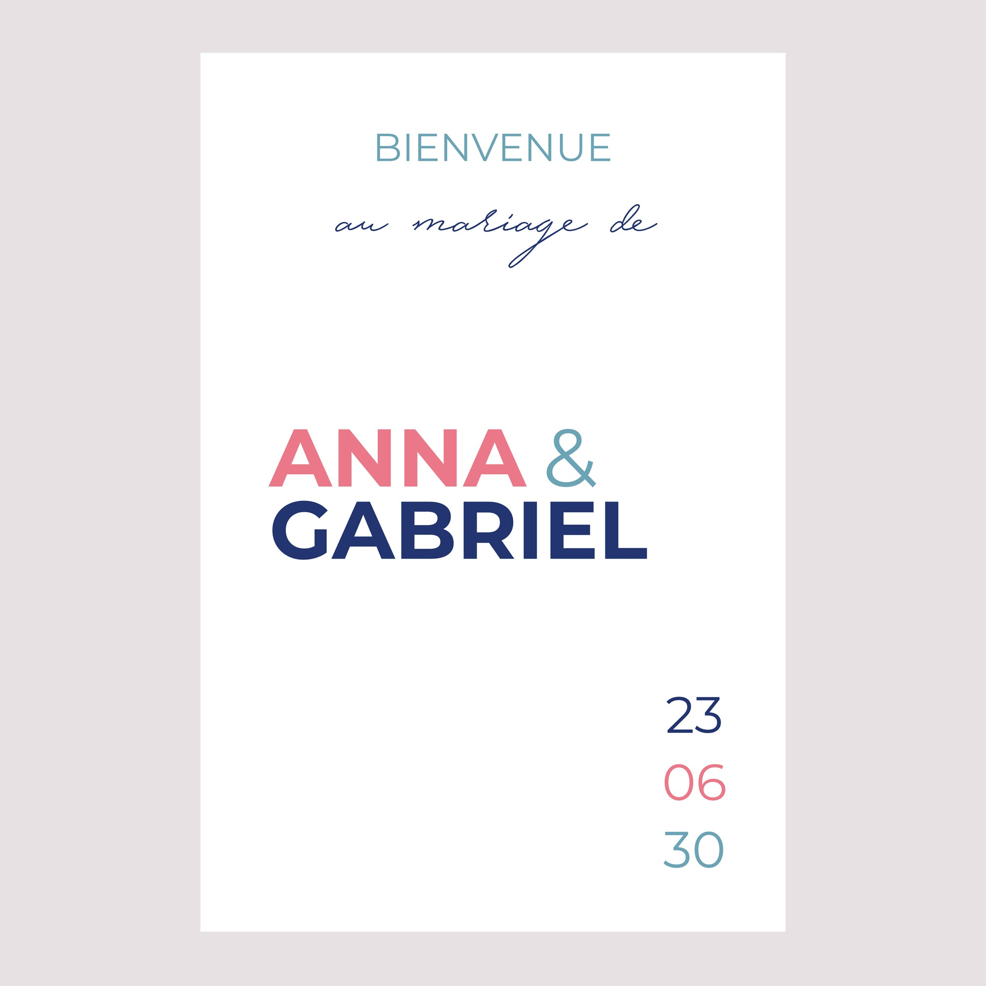 Panneau bienvenue Mariage Portrait 60 x 90 cm Pink & Blue photo N° 2