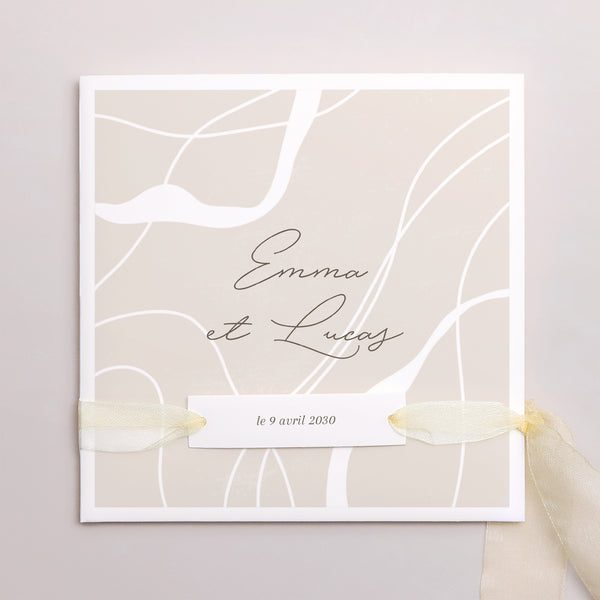 Faire-part Mariage Pochette carrée, 3 cartes, étiquette Courbes sur fond beige photo