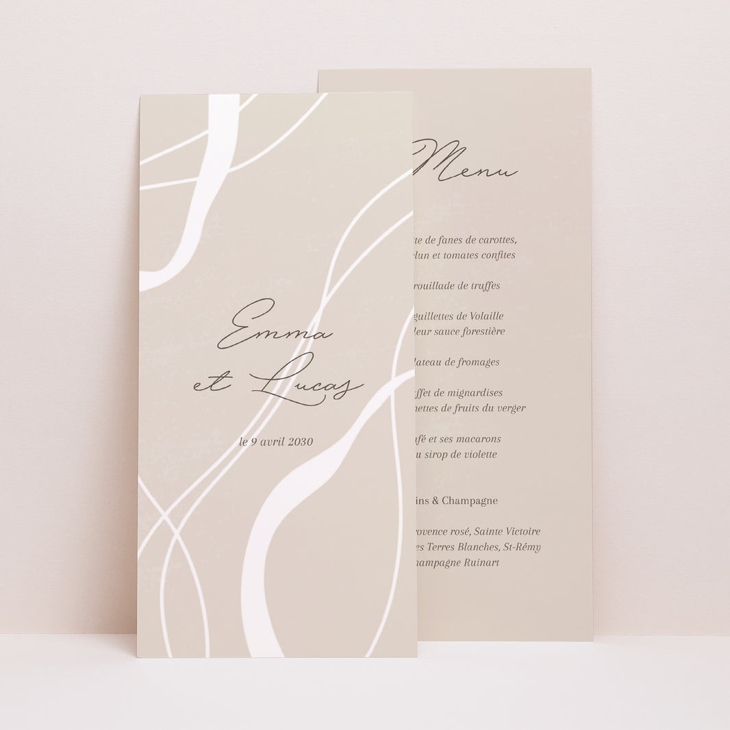 Menu Mariage Panoramique portrait Courbes sur fond beige photo N° 1