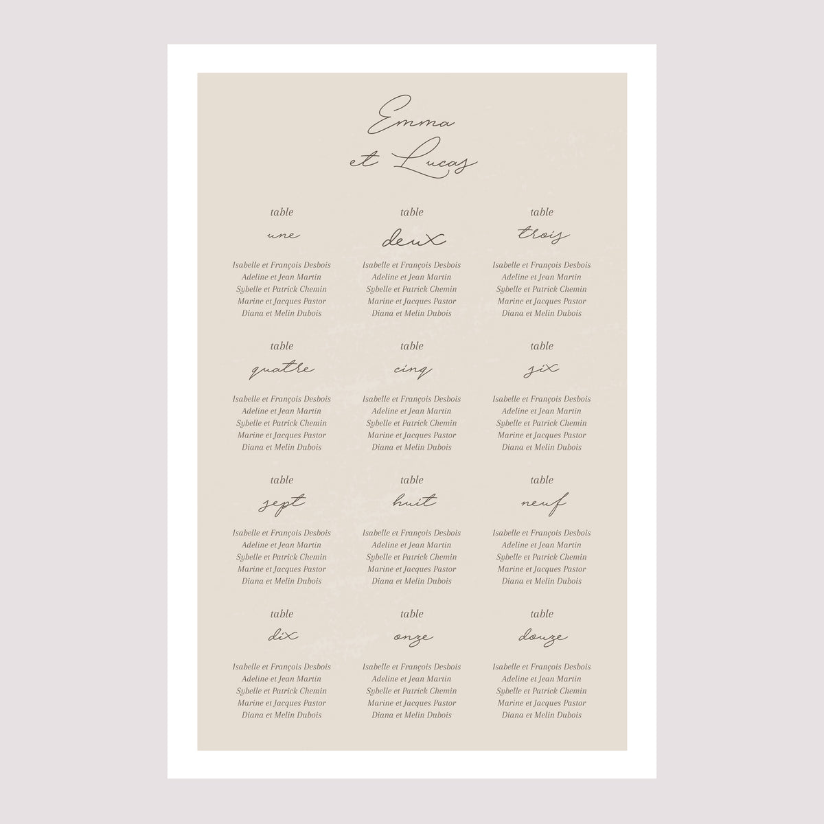 Plan de table Mariage Portrait Courbes sur fond beige photo N° 2