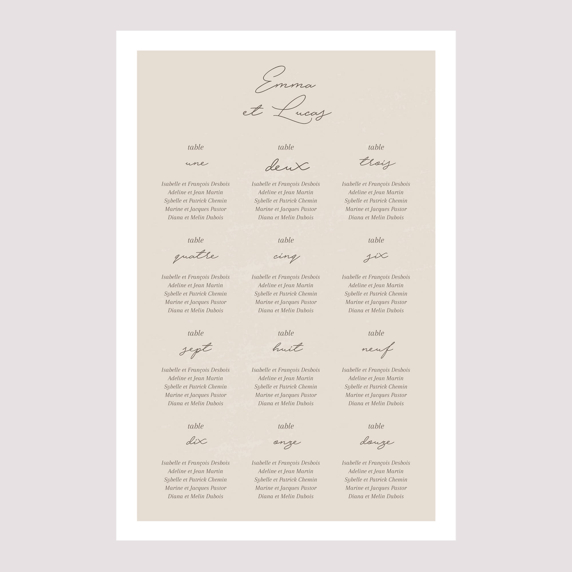 Plan de table Mariage Portrait Courbes sur fond beige photo N° 2