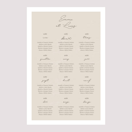 Plan de table Mariage Portrait Courbes sur fond beige