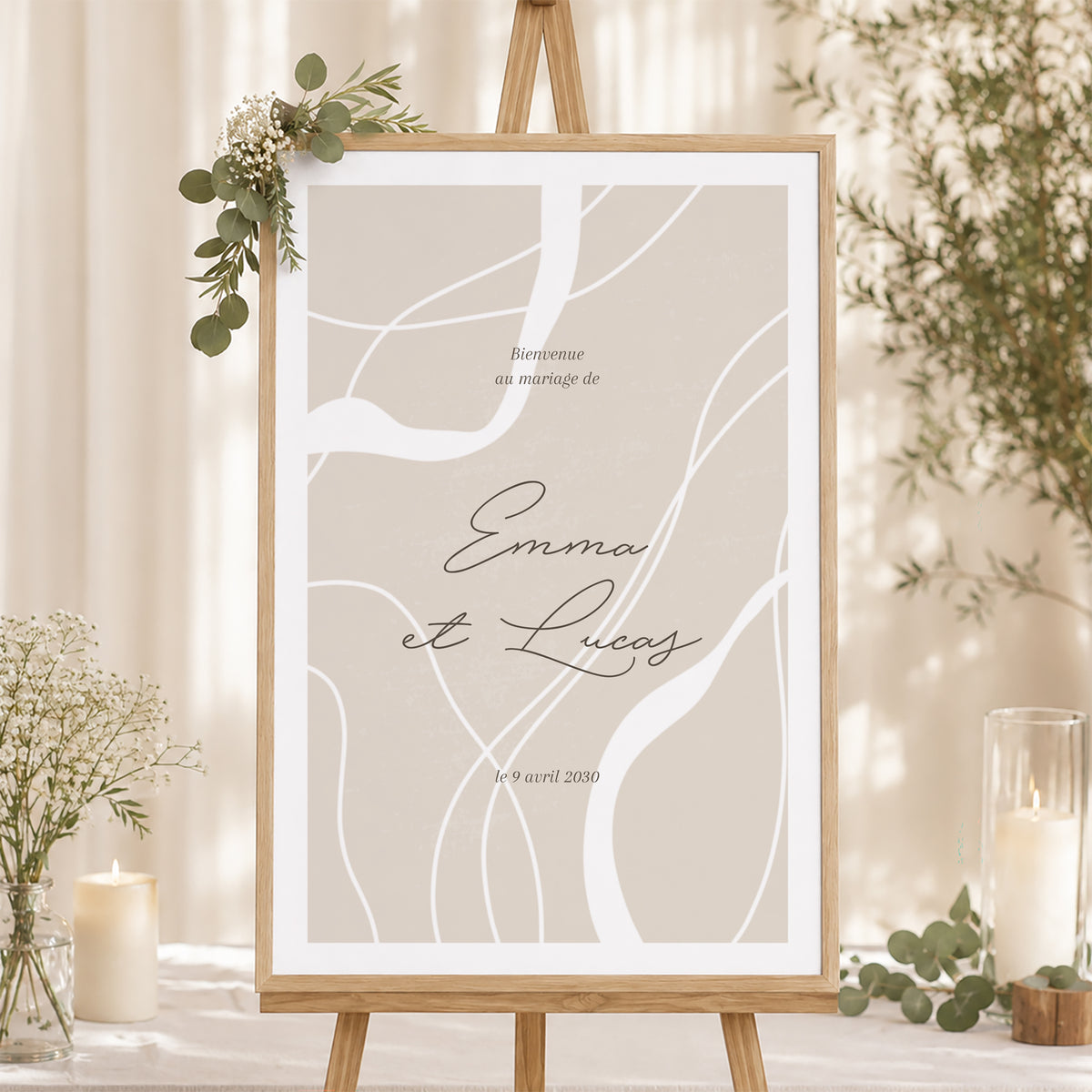 Panneau bienvenue Mariage Portrait 60 x 90 cm Courbes sur fond beige photo N° 1