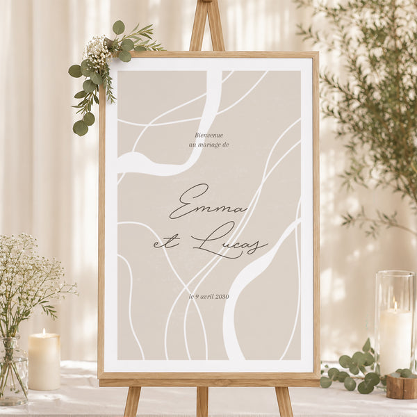 Panneau bienvenue Mariage Portrait 60 x 90 cm Courbes sur fond beige photo