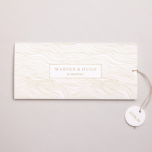 Faire-part Mariage Pochette 2 cartes, étiquette vagues dorées photo