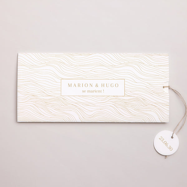 Faire-part Mariage Pochette 2 cartes, étiquette Vagues dorées photo