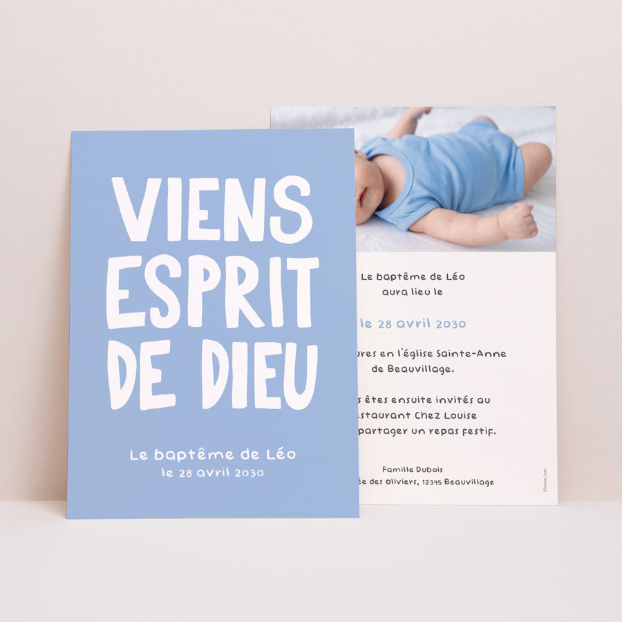 Faire-part Baptême Portrait Phrase baptême Bleu photo