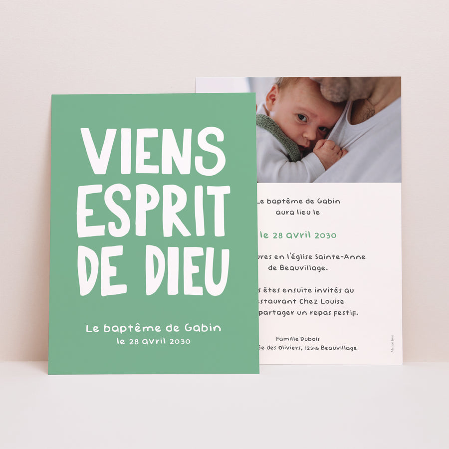 Faire-part Baptême Portrait Phrase baptême Vert photo