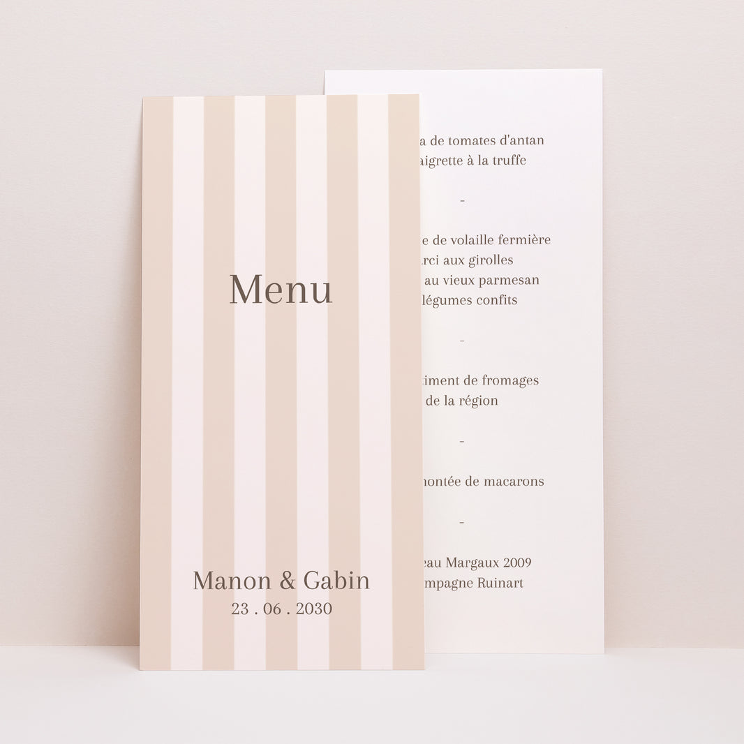 Menu Mariage Panoramique portrait Rayures beiges photo N° 1