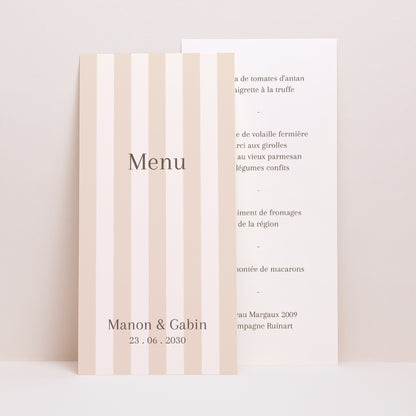 Menu Mariage Panoramique portrait Rayures beiges photo N° 1