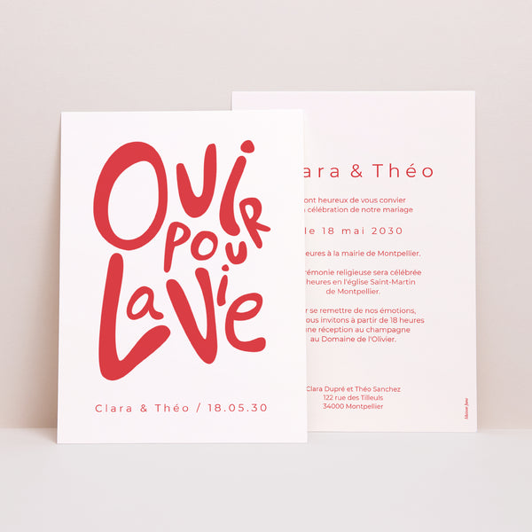 Faire-part Mariage Portrait Oui pour la vie Cream & Red photo
