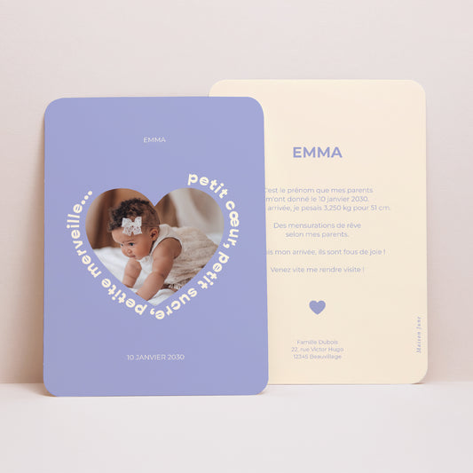 Faire-part Naissance Portrait, bords arrondis Petit Cœur Lavande photo