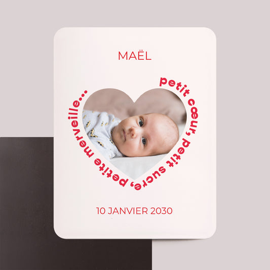 Faire-part Naissance Lot de 8, magnétique, rectangle coins arrondis Petit Cœur Rouge photo