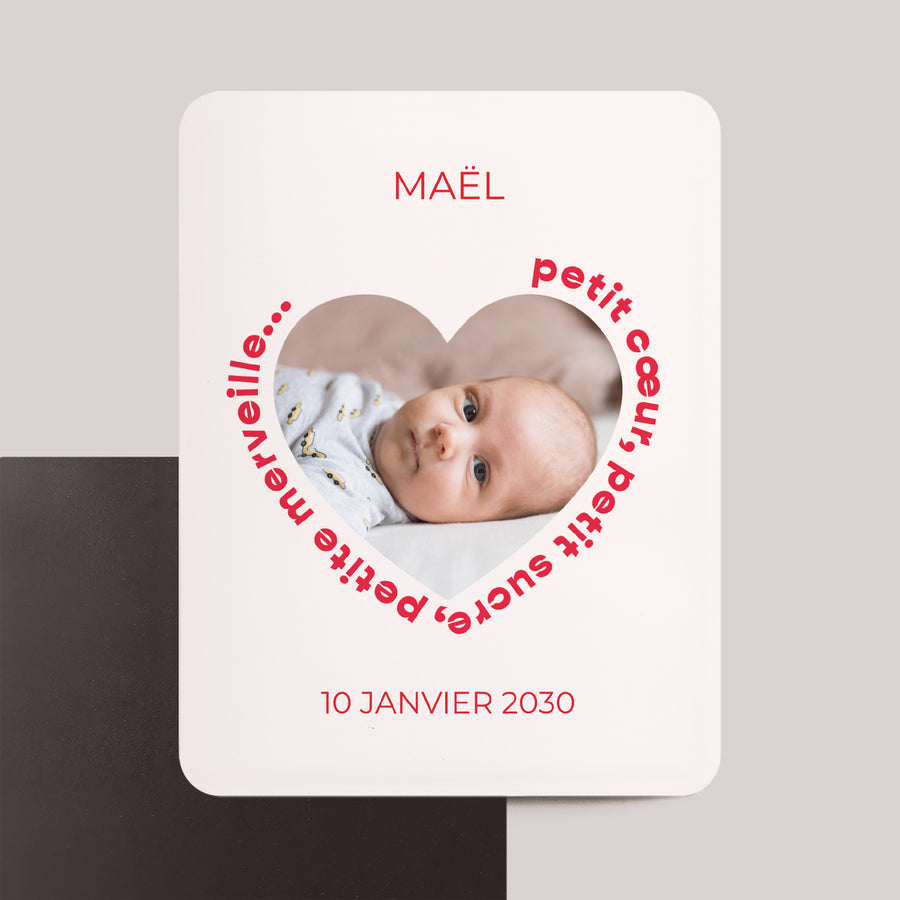 Faire-part Naissance Lot de 8, magnétique, rectangle coins arrondis Petit Cœur Rouge photo