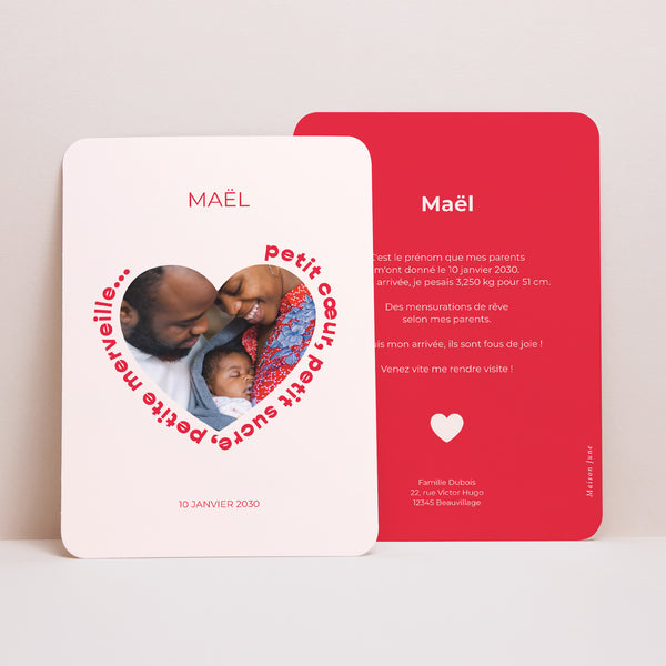 Faire-part Naissance Portrait, bords arrondis Petit Cœur Rouge photo