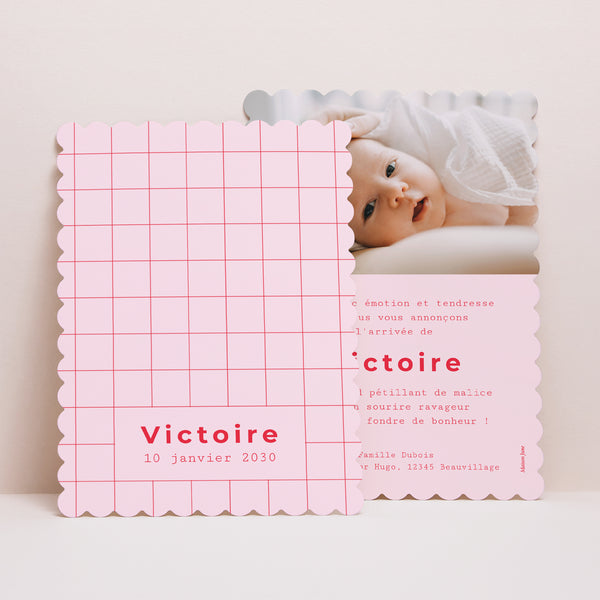 Faire-part Naissance Portrait, bords biscuit New Vichy Pink photo