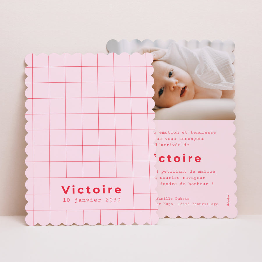 Faire-part Naissance Portrait, bords biscuit New Vichy Pink photo