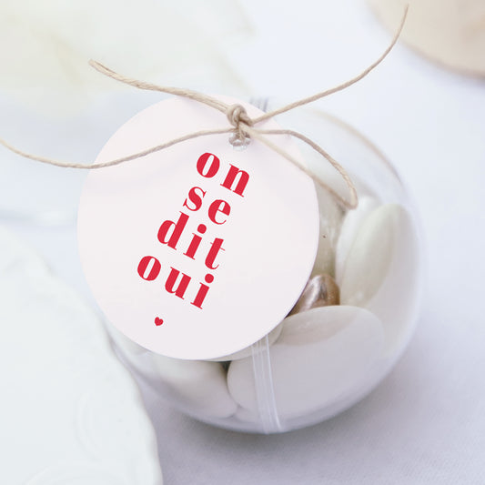 Boîte à dragées Mariage boule avec étiquette ronde On se dit oui photo