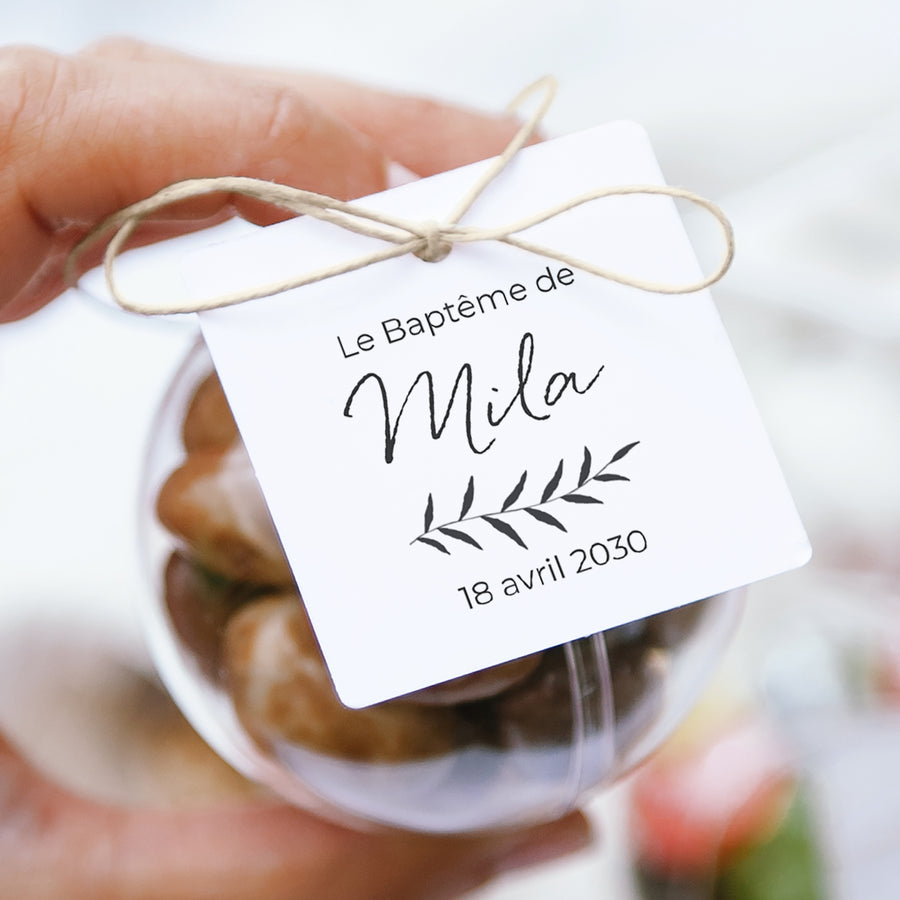 Boîte à dragées Baptême boule avec étiquette carrée Croque-moi de bisous photo
