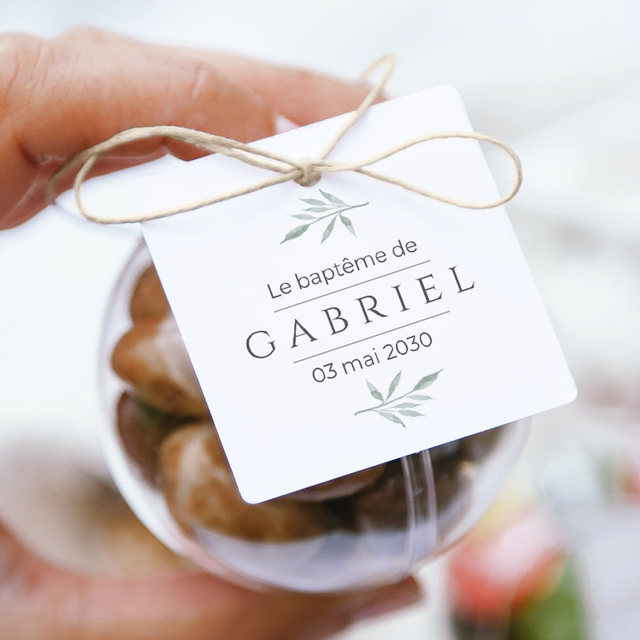 Boîte à dragées Baptême boule avec étiquette carrée Petite pousse photo