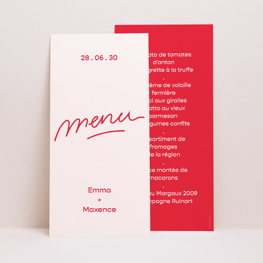 Menu Mariage Panoramique portrait Love in eighties red photo