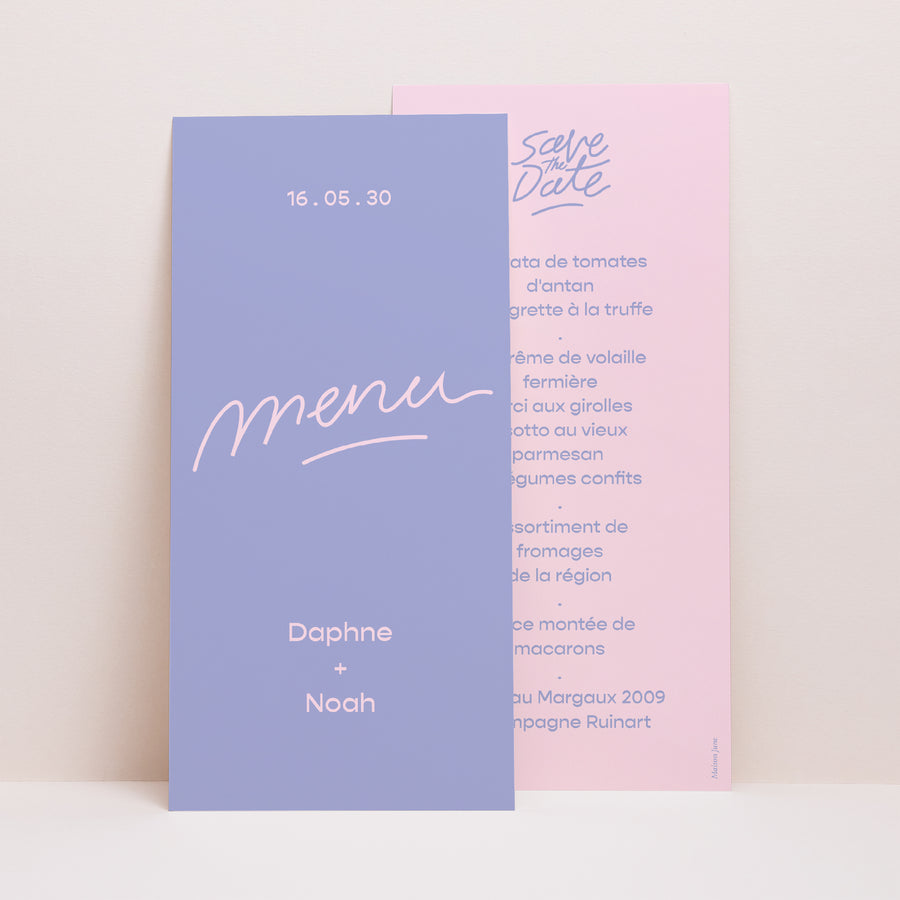 Menu Mariage Panoramique portrait Love in eighties blue photo