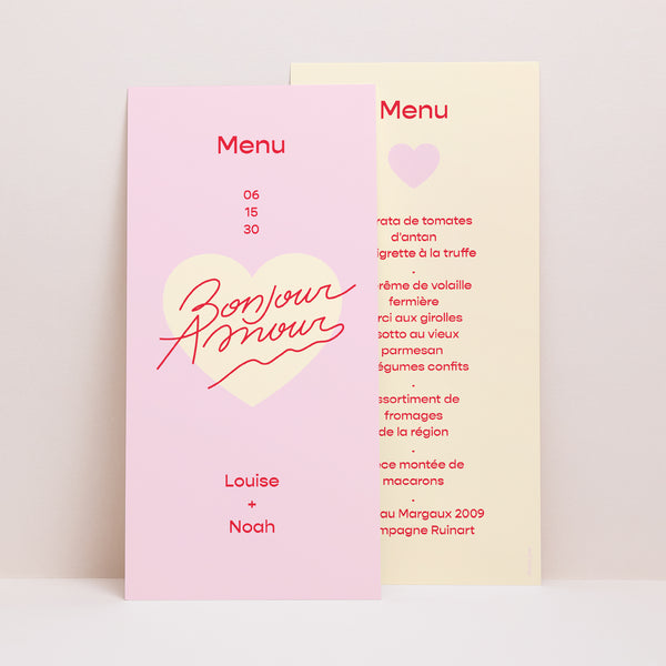Menu Mariage Panoramique portrait Bonjour Amour pink photo