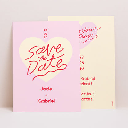 Save the date Mariage Portrait Bonjour Amour pink photo N° 1