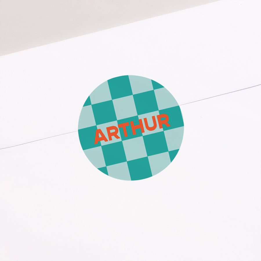Sticker Naissance Rond Echiquier turquoise photo