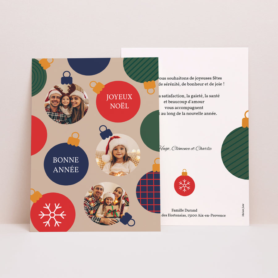 Carte de voeux Fin d'année Portrait Boules de Noël photo