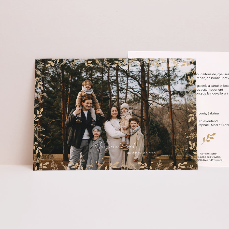 Carte de Noel Fin d'année Paysage Cadre feuillage doré photo