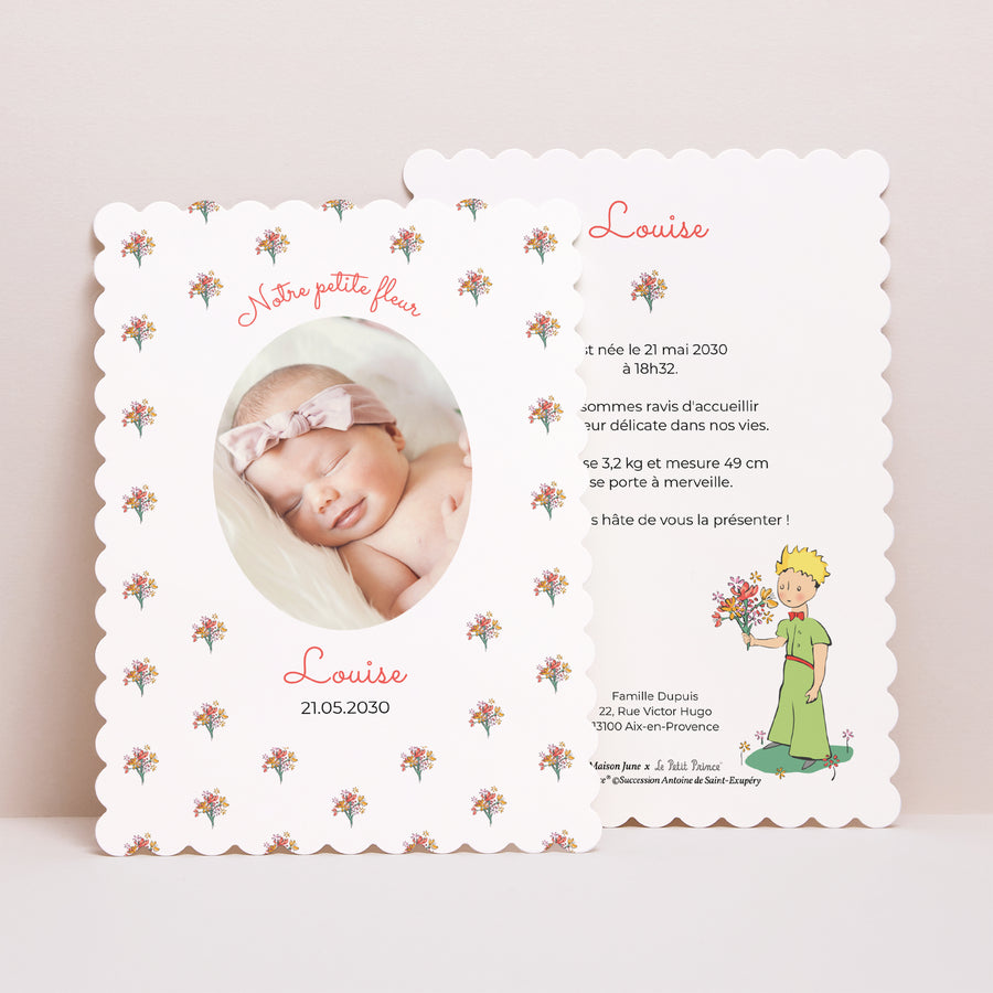 Faire-part Naissance Portrait, bords biscuit Petit bouquet de fleurs photo