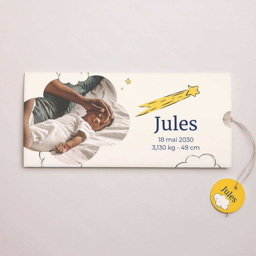 Faire-part Naissance Pochette 2 cartes, étiquette La tête dans les nuages photo