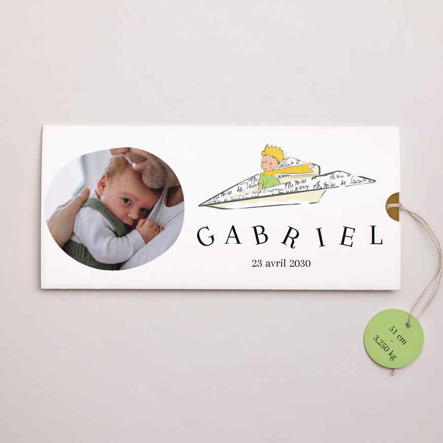 Faire-part Naissance Pochette 2 cartes, étiquette L'envol photo