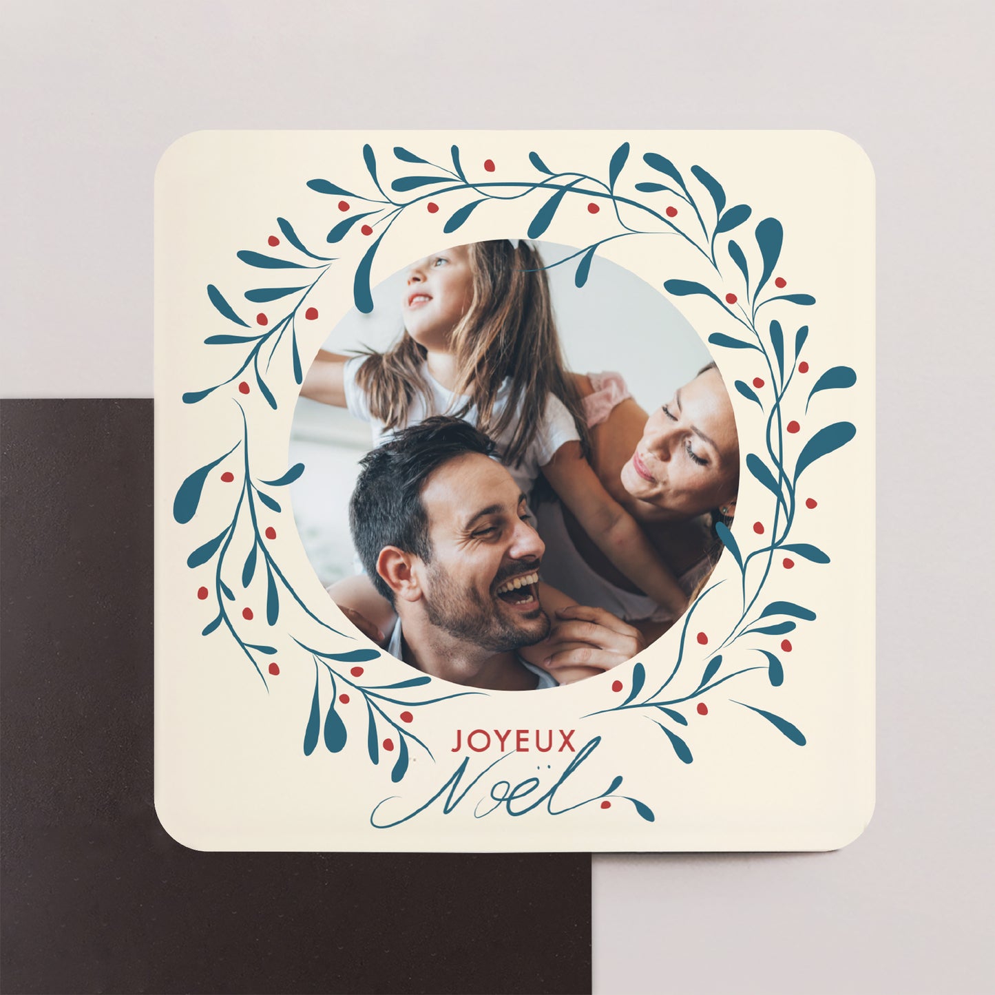 Carte de Noel Fin d'année Lot de 8, magnétique, carré coins arrondis Houx et bonheur II photo N° 1