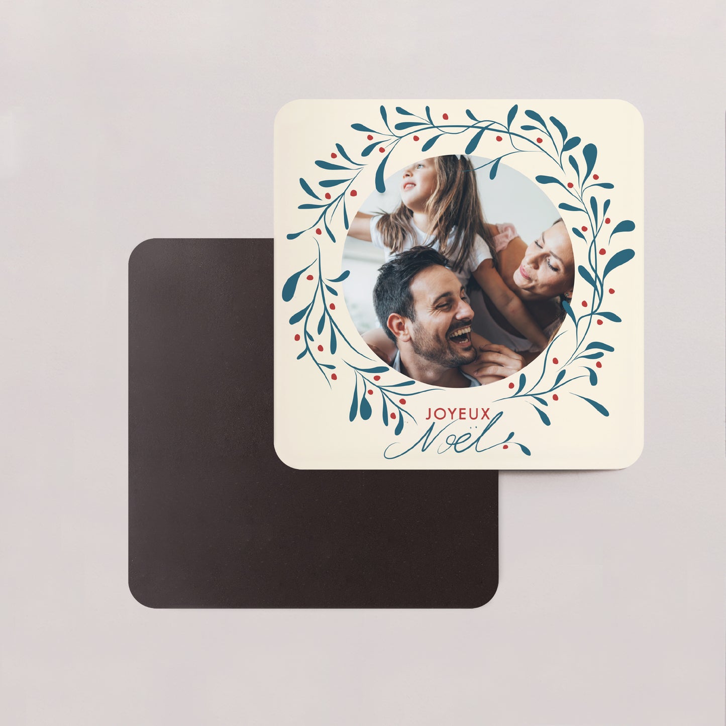 Carte de Noel Fin d'année Lot de 8, magnétique, carré coins arrondis Houx et bonheur II photo N° 2