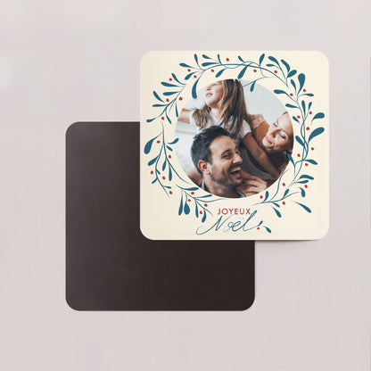 Carte de Noel Fin d'année Lot de 8, magnétique, carré coins arrondis Houx et bonheur II photo N° 2