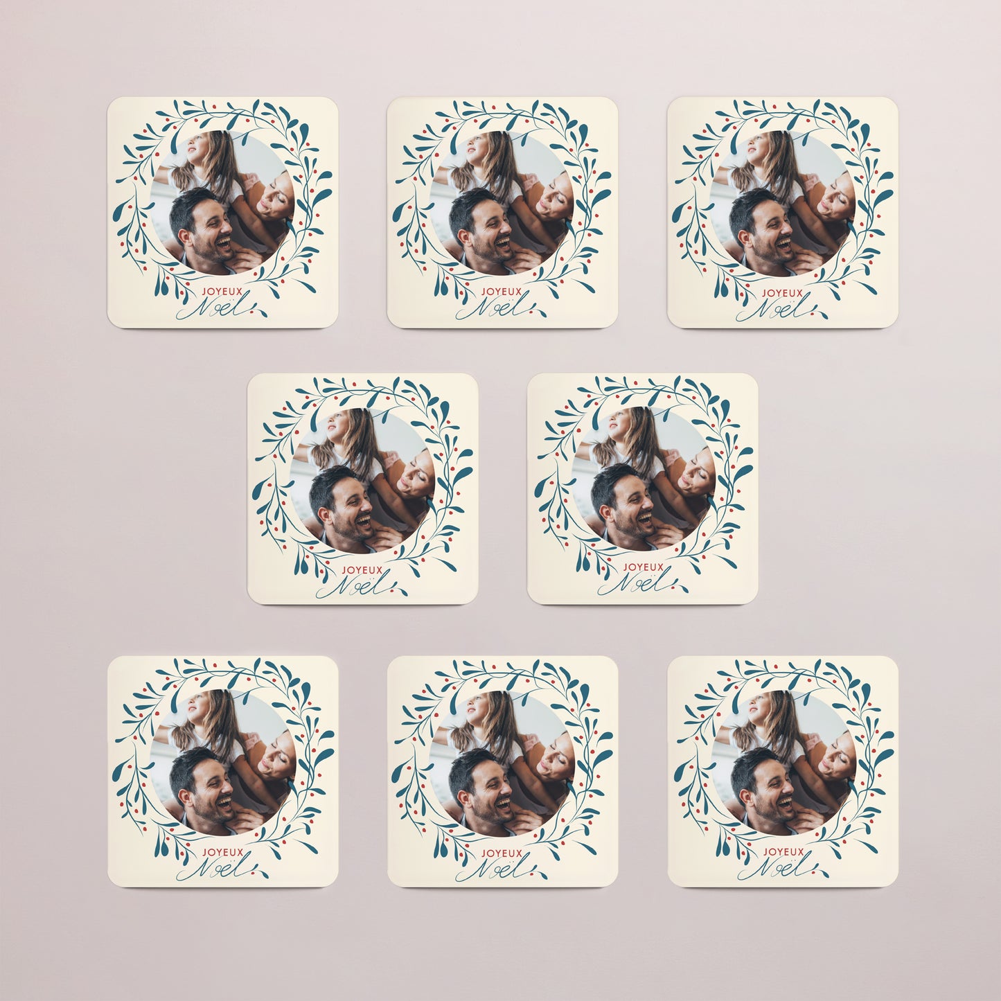 Carte de Noel Fin d'année Lot de 8, magnétique, carré coins arrondis Houx et bonheur II photo N° 3