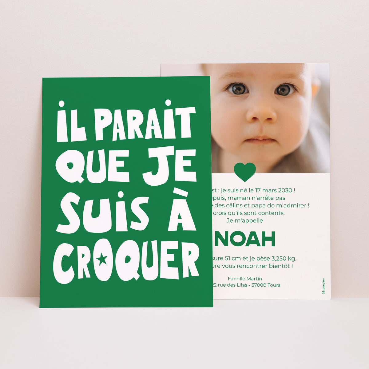 Faire-part Naissance Portrait à croquer vert photo N° 1